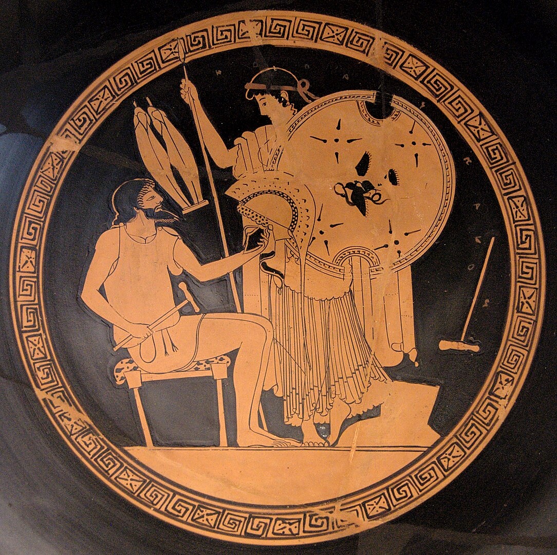 Древногръцкото божество Хефест изковава щита на Зевс, доспехите на Ахил и колесницата на Хелиос.