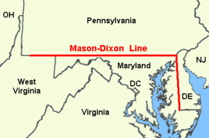 Оригинално обозначаваща границата между Мериленд и Пенсилвания сега Линията Мейсън - Диксън разделя Северни и Южни щати.