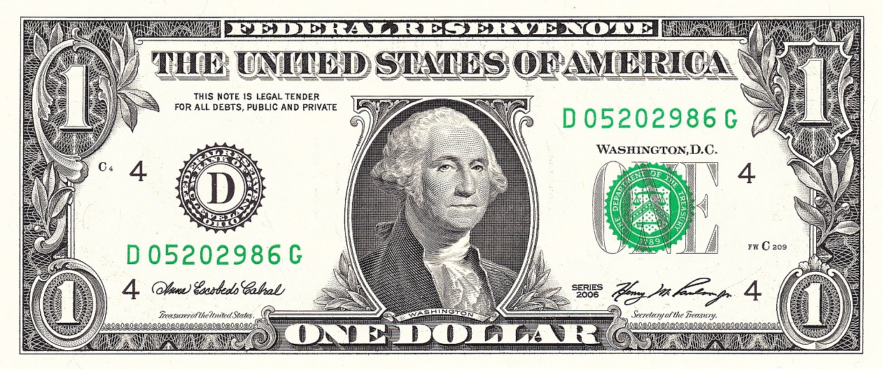 Американският президент Джордж Вашингтон е изобразен на банкнотата от 1 долар.