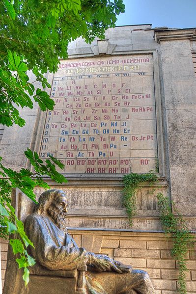 Паметник на Менделеев в Санкт-Петербург с изображение на Периодичната система