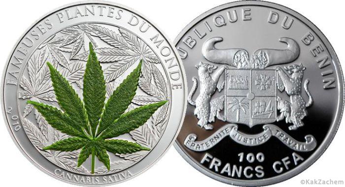 Монета от 100 франка с марихуана, Бенин
