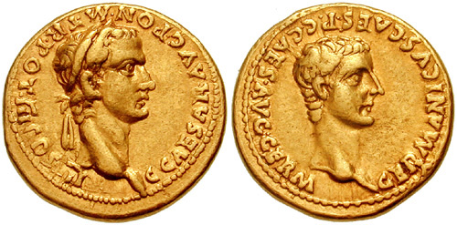 Ауреус на Калигула и баща му Германик